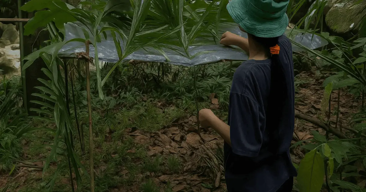 Bushcraft shelter in Sarawak forest